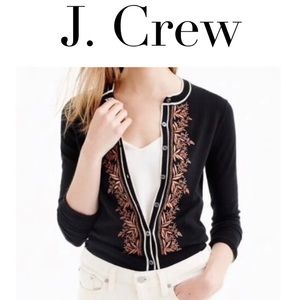 J CREW Embroidered Black Jackie Cardigan Sweater SMALL Gold Cotton G7725 NEW